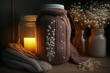 Burning candle in small amber glass jar, flowers of gypsophila and stack knitted seasin sweaters Cozy lifestyle, hygge concept. Generative AI - Powered by Adobe