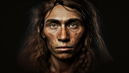 A portrait of a Neanderthal dressed in animal furs, with a rugged appearance, generative ai	

