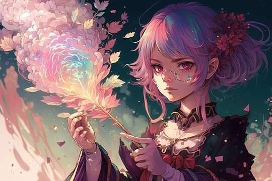 manga girl with pink hair and a magical wand, casting a spell that creates a storm of rainbow - colored flowers, manga style illustration generative ai