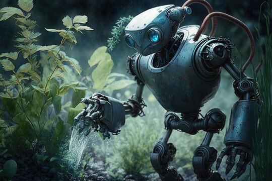 humanoid robot with a watering can for a head, tending to a garden of alien plants illustration generative ai