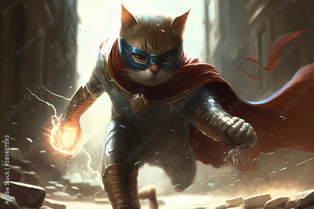 Wall mural cat playing the role of a superhero, wearing a cape and mask and using its claws to fight off alien 