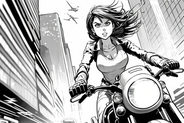 Pretty girl black leather dressed riding a motorbike in the city, manga style illustration generative ai - obrazy, fototapety, plakaty