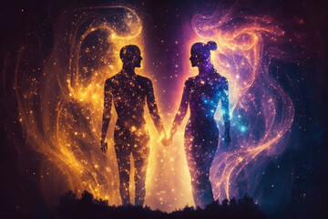 Astral body man and woman silhouettes face to face neural network AI generated art