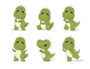 Clipart set of cute baby dinosaurs. T-rex in various poses. Vector illustration in cartoon style.