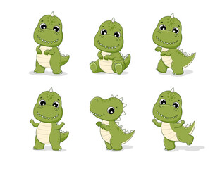 Fototapeta premium Clipart set of cute baby dinosaurs. T-rex in various poses. Vector illustration in cartoon style.