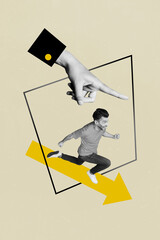 Vertical collage picture of big arm finger point indicate direction arrow mini black white colors running guy isolated on creative background - obrazy, fototapety, plakaty