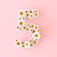 Fototapeta na wymiar Number 5 made of natural chamomile flowers. Cute camomiles number five. Spring flower numbers concept isolated on cute pastel pink background. Top view. 3d render illustration.