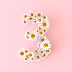 Fototapeta na wymiar Number 3 made of natural chamomile flowers. Cute camomiles number three. Spring flower numbers concept isolated on cute pastel pink background. Top view. 3d render illustration.