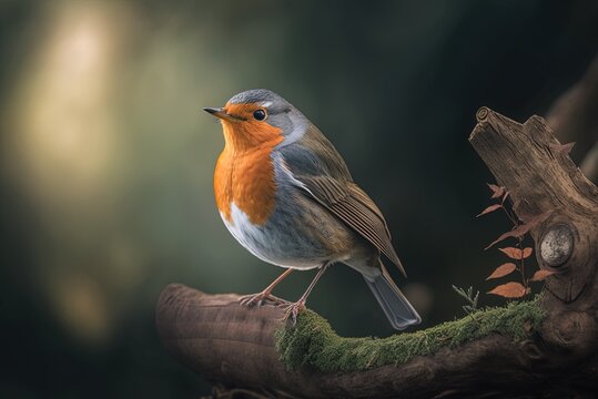 Amazing picture of a European Robin sitting on a tree limb. Generative AI