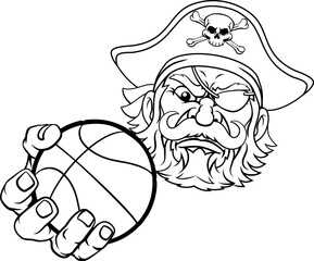 A pirate basketball sports mascot cartoon character holding a ball