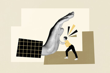 Creative collage portrait of mini black white gamma astonished girl touch huge arm palm isolated on...