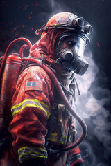 Fototapeta premium Firefighter engulfed in smoke from the fire in a safety red firefighting suit - Ai generative