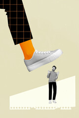 Vertical collage picture of horrified mini black white colors guy under big leg shoe step isolated...