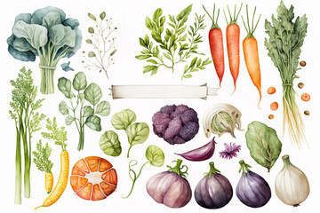 Watercolor painted collection of vegetables.