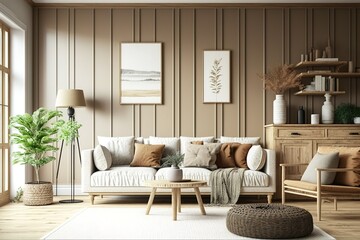 Farmhouse style beige living room interior with natural wooden furniture Mock up plaster wall background 3d render illustration. Generative AI