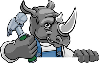 A rhino cartoon animal mascot carpenter or handyman builder construction maintenance contractor peeking around a sign holding a hammer