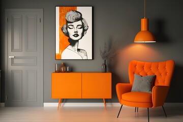 Grey armchair next to lamp in orange vintage living room interior with sofa next to cabinet. Generative AI