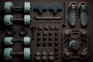 Gym background with black dumbbell and sport equipment workout on dark floor top view. Generative AI