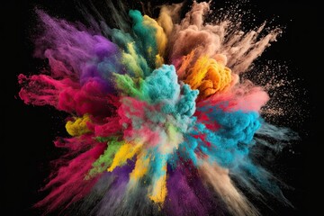 An image of a multicolor powder explosion on a black background, with a realistic photo of a seamless texture. Generative AI