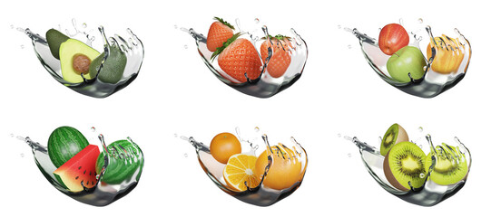 3d fresh fruits set with water splash, strawberry, orange, kiwi, apple, watermelon, avocado