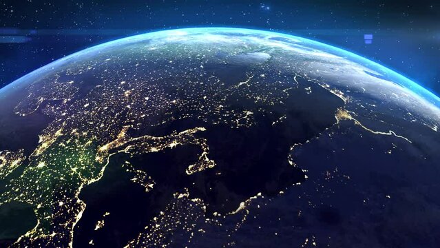 Planet Earth at night, satellite view from space in orbit. The lights of European cities glow in the dark. 