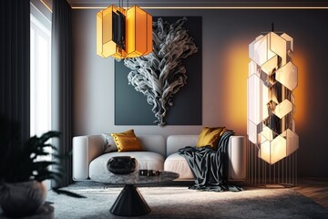 Interior design of a luxury living room, modern lamp. Generative AI