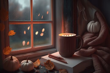 Obraz na płótnie Canvas Mug of cocoa or hot chocolate with marshmallows standing next to the window with candles. Generative AI
