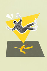 Exclusive painting magazine artwork image of funky guy falling down banana yellow peel isolated on...