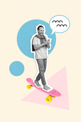Vertical creative collage photo of mature age blogging man riding skateboard hobby chatting hold new smartphone isolated on white background