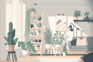 Scandinavian room interior with a white sofa, a ladder, and houseplants Minimalist interior design Cartoon vector illustration. Generative AI