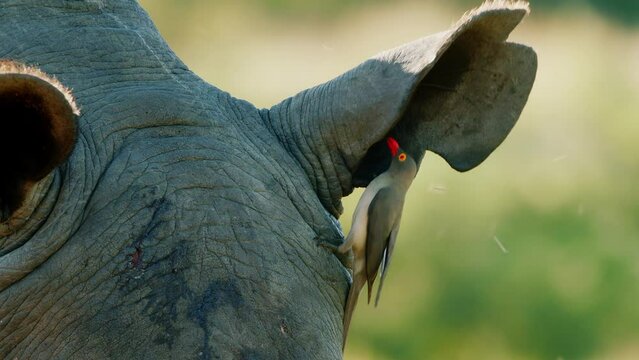 Close up shot of cute oxpecker bird on rhino's head cleaning ears. 4k 50fps Slowmotion