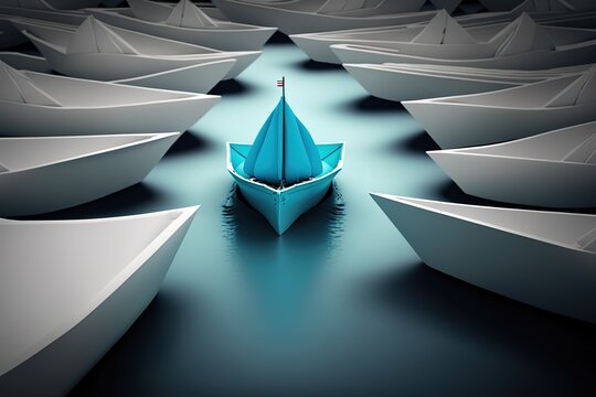success leadership concept, blue leader boat leading white, strategy planning development, AI generated