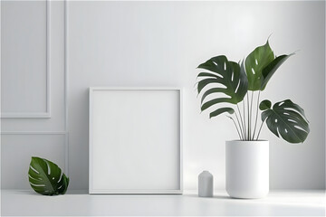 Empty square mockup in the modern minimalistic interior with monstera on white wall background, template for artwork, painting, photo or poster, white room interior, copy space. Generative AI.