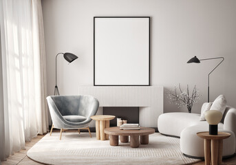 Naklejka na ściany i meble Mockup poster frame on the wall of living room. Luxurious apartment background with contemporary design. Modern interior design. 3D render, 3D illustration.