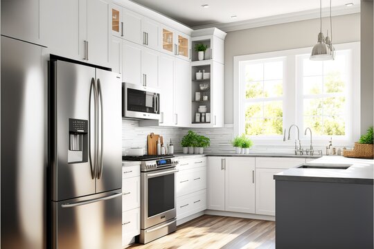 Modern, bright, clean, kitchen interior with stainless steel appliances in a luxury house, AI generated
