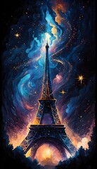 The Eiffel Tower as a towering pillar of stars, rising high into the night sky and shining with the brilliance of the cosmos. Generative AI