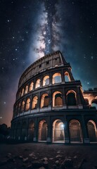 The Colosseum, Rome as a towering pillar of stars, rising high into the night sky and shining with the brilliance of the cosmos. Generative AI