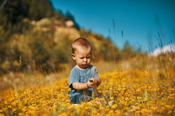 Niño rodeado de flores amarillas 