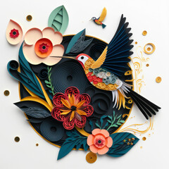 Colorful hummingbird with flowers, papercut style ,made with Generative AI