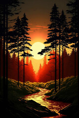 View of the forest and river with sunset background, flat style design ,made with Generative AI