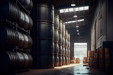 Black casks on pallets in an industrial setting, oil storage facility ,made with Generative AI