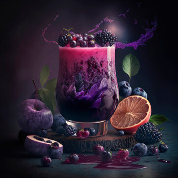 A Purple Dessert With Berries And Mint On A Wooden Board With Blueberries On The Side Of The Glass ,made With Generative AI