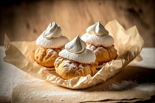 Cream puffs with modern decoration close up. Gourmet patisserie concept ,made with Generative AI