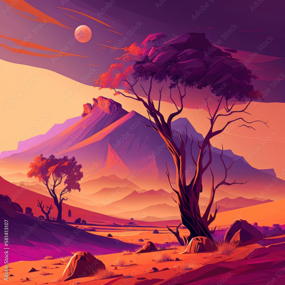 Wall mural purple glowing alien trees on surface of a planet ,made with generative ai