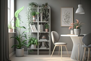 White wooden rack with books, decor and fresh plants standing in grey dining room interior with flowers on hairpin table. Generative AI