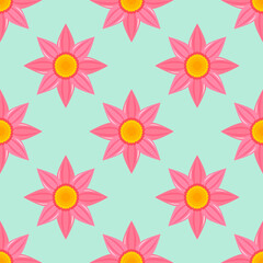 Fototapeta na wymiar Pink flowers on blue background seamless floral pattern.