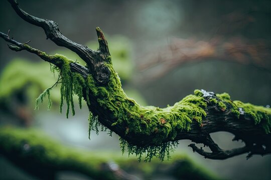 Side picture of a rotting branch covered in green moss. Generative AI