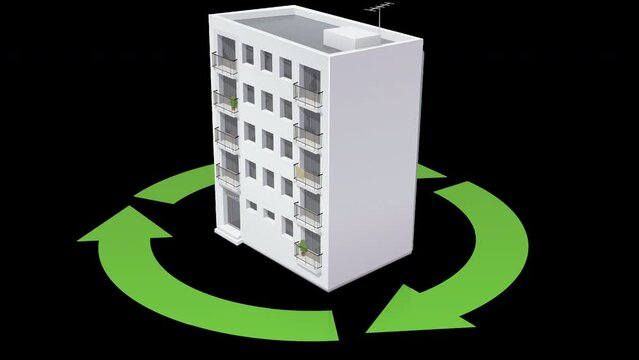 Animation loop of an isometric 3D building around which the circular symbol of green recycling rotates (alpha channel)