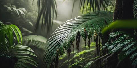 Close up macro shot of big foliage leaves in a tropical rainforest - generative AI