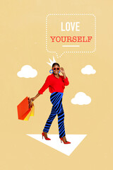 Vertical creative collage magazine sketch artwork cartoon image of beautiful lady enjoy life love...